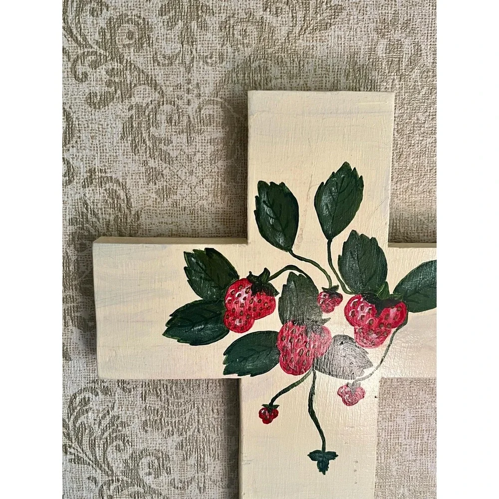 Vintage Retro Folk Art Hand‑Painted Wooden Cross with Strawberries Cottage